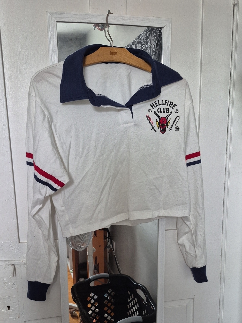 White Cropped Rugby Top with Navy Collar and Hellfire Club Graphic